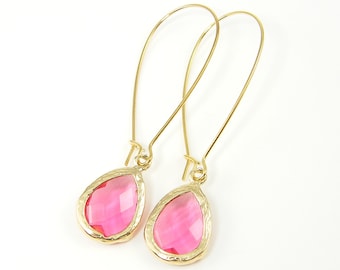 Pink Drop Earrings, Long Pink Earrings, Simple Pink and Gold Teardrop Earrings, Modern Pink Earrings |EB1-46