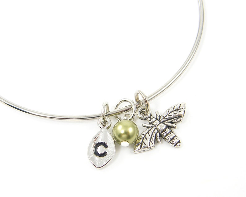 Bee Bracelet, Personalized Silver Bee Bangle, Initial Bracelet, Pearl Bracelet 2733 image 3