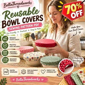 May include: A digital sewing pattern for reusable bowl covers by BellaThreadworks. The image displays various fabric covers with elastic edges in red, floral, and green gingham patterns on ceramic bowls, including a 3/8 inch seam allowance.