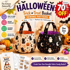 Trick or Treat Basket Sewing Pattern PDF, Halloween Candy Bucket, Fabric Treat Bag, Beginner Sewing Pattern