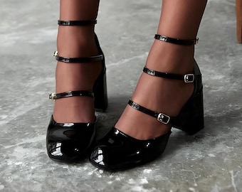 Schwarze Mary Jane Schuhe, Schuhe mit eckiger Zehenpartie und Blockabsatz, Lackpumps, Riemchenschuhe
