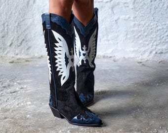 Black Suede Knee High Boots, Wide Calf Cowboy Boots, Embroidered Western Boot