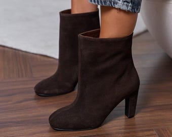 Dark Brown Suede Heeled Ankle Boots, Square Toe Block Heel Boots, Women Handmade Booties