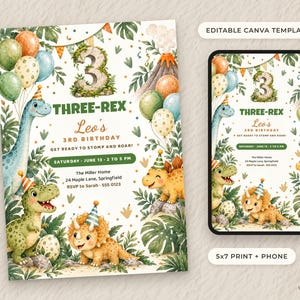 Puede incluir: Una plantilla de invitación de cumpleaños con dinosaurios en acuarela, globos y follaje de selva. El texto dice Three-Rex, Leo's 3rd Birthday, Get Ready to Stomp and Roar, e incluye detalles del evento. Un móvil muestra el diseño.