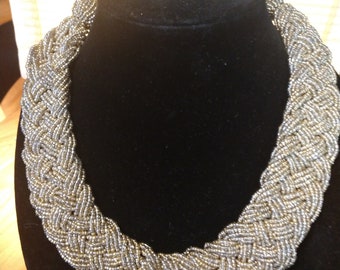 Vintage Gold Silver Seed Bead Braided Bib Necklace