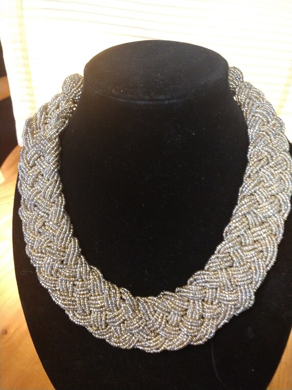 Vintage Gold Silver Seed Bead Braided Bib Necklace