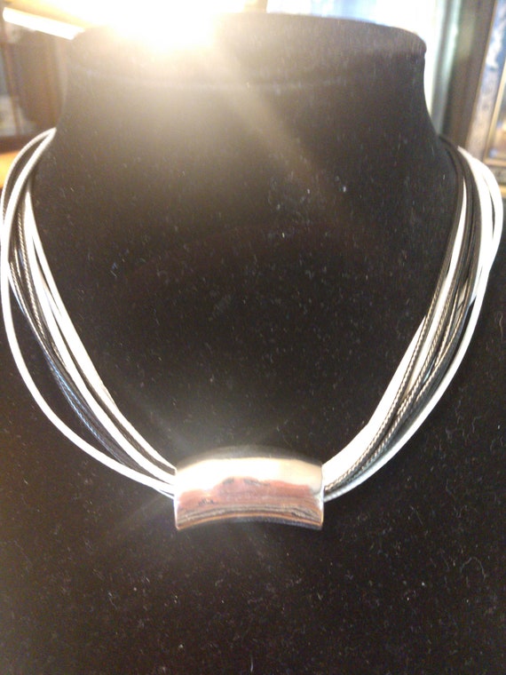 Black White String Necklace with Silver Tone Penda