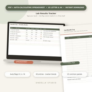 Puede incluir: Un rastreador digital de resultados de laboratorio con una hoja de cálculo en la pantalla de una computadora portátil y un documento PDF imprimible. La interfaz incluye columnas para fecha, nombre de prueba, resultados, rangos y notas.