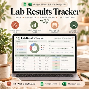 Può includere: Un modello digitale di tracciamento dei risultati di laboratorio per Google Sheets ed Excel visualizzato su uno schermo di un portatile. L'interfaccia presenta una dashboard di riepilogo, un grafico a torta e una tabella dati.