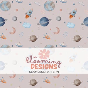 Space Seamless Pattern, Spaceship Rocket Blast Off, Outer Space, Universe Fabric Design, Junk Journal, Phone Case, Notebook Repeat Tile
