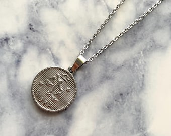 Libra Zodiac Necklace: Stainless Steel Coin Pendant, 20 inch Chain