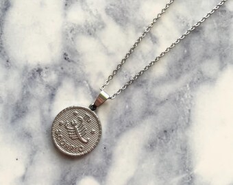 Scorpio Coin Necklace: Stainless Steel Zodiac Pendant, 20 inch