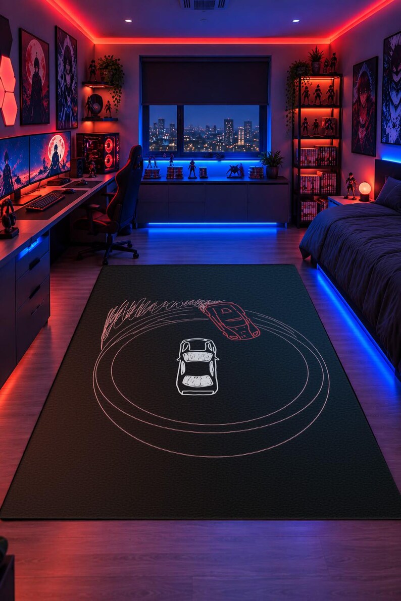 JDM Drift Car Rug | Minimalist Racing Car Area Rug | Red White Neon ...