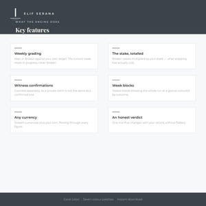 Peut inclure: Un graphique informatif gris fonc&eacute; intitul&eacute; Elif Serana What the Engine Does Key features. Il pr&eacute;sente six points : Weekly grading, The stake totalled, Witness confirmations, Week blocks, Any currency et An honest verdict avec descriptions.