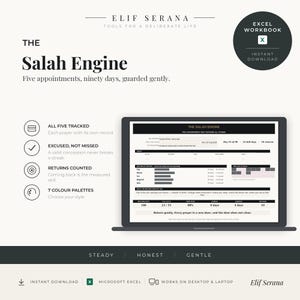 May include: The Salah Engine Excel workbook for tracking five daily prayers over ninety days. The digital interface displays prayer records, streak counts, and progress metrics. Features include seven color palettes, an instant download, and compatibility with desktop and laptop computers.