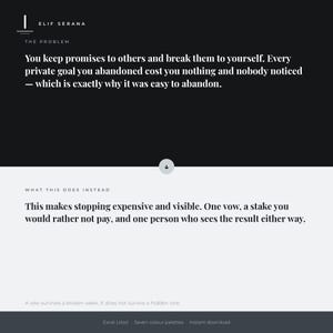 Peut inclure: Un graphique num&eacute;rique avec une section sup&eacute;rieure noire et une section inf&eacute;rieure gris clair. Le texte indique : Elif Serana, The Problem, You keep promises to others and break them to yourself. What this does instead, This makes stopping expensive and visible.