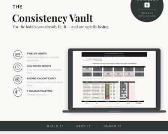 May include: A digital product titled The Consistency Vault by Elif Serana, presented as an Excel workbook. The display shows a laptop screen with a habit tracking interface, featuring twelve habits, age tracking, and seven color palettes for data.