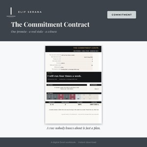 Peut inclure: Un mod&egrave;le de contrat d'engagement num&eacute;rique avec un en-t&ecirc;te gris fonc&eacute; portant le texte Elif Serana et Commitment. Le document comprend des sections pour un v&oelig;u, un enjeu, un t&eacute;moin et un suivi de progression hebdomadaire en dollars USD.