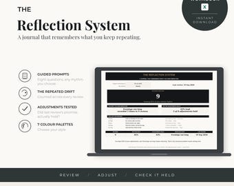 Può includere: La cartella di lavoro Excel The Reflection System è un prodotto digitale che mostra su uno schermo di un portatile una dashboard con suggerimenti guidati, tracciamento della deriva, test di regolazione e sette tavolozze di colori. Il testo include Elif Serana Tools for a Deliberate Life, The Reflection System e Instant Download.