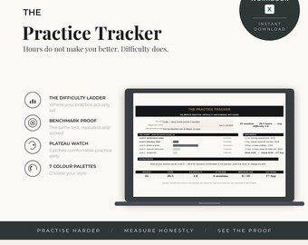 Peut inclure: Un classeur Excel numérique Practice Tracker affiché sur un écran d'ordinateur portable. L'interface comprend des sections pour The Difficulty Ladder, Benchmark Proof, Plateau Watch et 7 palettes de couleurs. Le texte inclut Elif Serana, Tools for a Deliberate Life, et Practise Harder, Measure Honestly, See the Proof.