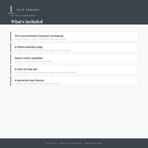 Peut inclure: Une fiche d'information produit num&eacute;rique intitul&eacute;e Elif Serana What's included, listant cinq &eacute;l&eacute;ments : The Commitment Contract workbook, a filled example copy, seven colour palettes, a How to Use tab, et a personal-use licence, au format Excel.