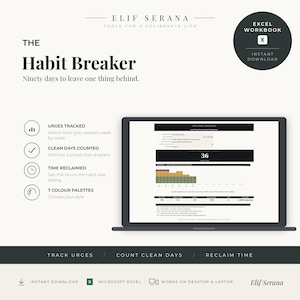 May include: A digital Excel workbook titled The Habit Breaker displayed on a laptop screen. The interface features a ninety-day tracker, a clean day counter showing 36, a bar chart, and sections for tracking urges, time reclaimed, and seven color palettes.