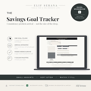 May include: A digital savings goal tracker Excel workbook displayed on a laptop screen. The interface features a progress vessel, estimated arrival dates, and a 55% completion indicator. Text includes "The Savings Goal Tracker" and "Consistency predicts arrival - not the size of the drop." The design uses a neutral color palette with black and white elements.