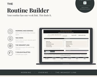 May include: A digital product display for The Routine Builder Excel workbook by Elif Serana. The graphic features a laptop screen showing a routine tracking spreadsheet, alongside text detailing features like morning and evening tracking, ten steps, and seven color palettes. A circular badge indicates an instant download.