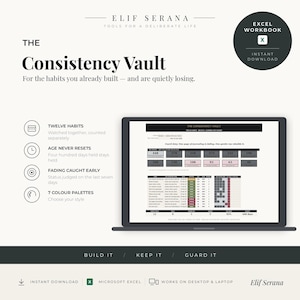May include: A digital product titled The Consistency Vault by Elif Serana, presented as an Excel workbook. The display shows a laptop screen with a habit tracking interface, featuring twelve habits, age tracking, and seven color palettes for data.