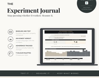 Peut inclure: Le classeur Excel The Experiment Journal affiché sur un écran d'ordinateur portable. L'interface comprend une comparaison entre base de référence et test, une section de verdict, un suivi d'adhérence et sept palettes de couleurs. Le texte inclut The Experiment Journal, Stop guessing whether it worked. Measure it, et Test it, Measure it, Keep what works.