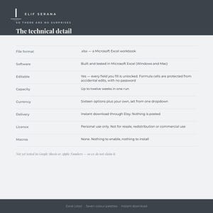 Peut inclure: Une fiche d'information num&eacute;rique intitul&eacute;e The technical detail par Elif Serana. Elle liste les sp&eacute;cifications pour un classeur Microsoft Excel xlsx, incluant la compatibilit&eacute; logicielle, les champs modifiables et une capacit&eacute; de douze semaines.