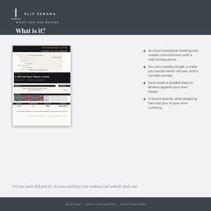 Peut inclure: Un mod&egrave;le de classeur Excel intitul&eacute; The Commitment Contract avec une mise en page blanche et gris fonc&eacute;. Il comprend des champs pour d&eacute;finir des objectifs hebdomadaires, des enjeux et des t&eacute;moins, avec un suivi pour noter les progr&egrave;s.
