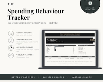 Peut inclure: Le Spending Behaviour Tracker est un outil numérique sous forme de classeur Excel pour le suivi des dépenses et l'analyse financière. Il présente un écran d'ordinateur affichant des données sur les livraisons de repas, des catégories et des analyses.