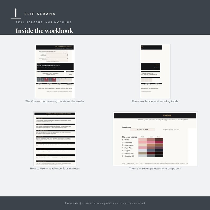 Peut inclure: Un affichage de classeur num&eacute;rique pr&eacute;sentant quatre sections distinctes intitul&eacute;es Elif Serana, Inside the workbook, The Vow, The week blocks and running totals, How to Use et Theme. La mise en page inclut du texte, des tableaux et une grille de sept palettes de couleurs.