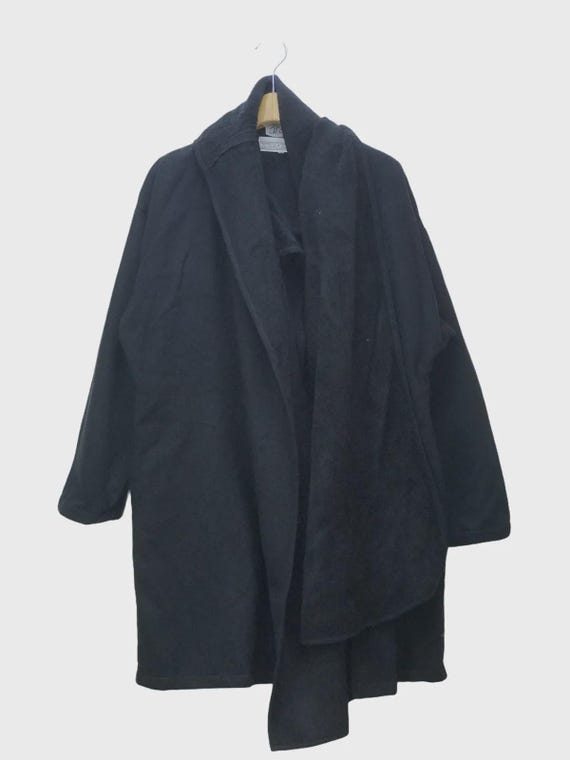 Norma Kamali, Vintage Norma Kamali Rare Black Drape Coat | Avant Garde Asymmetrical Shawl Lapel Long Jacket Minimalist Designer Overcoat