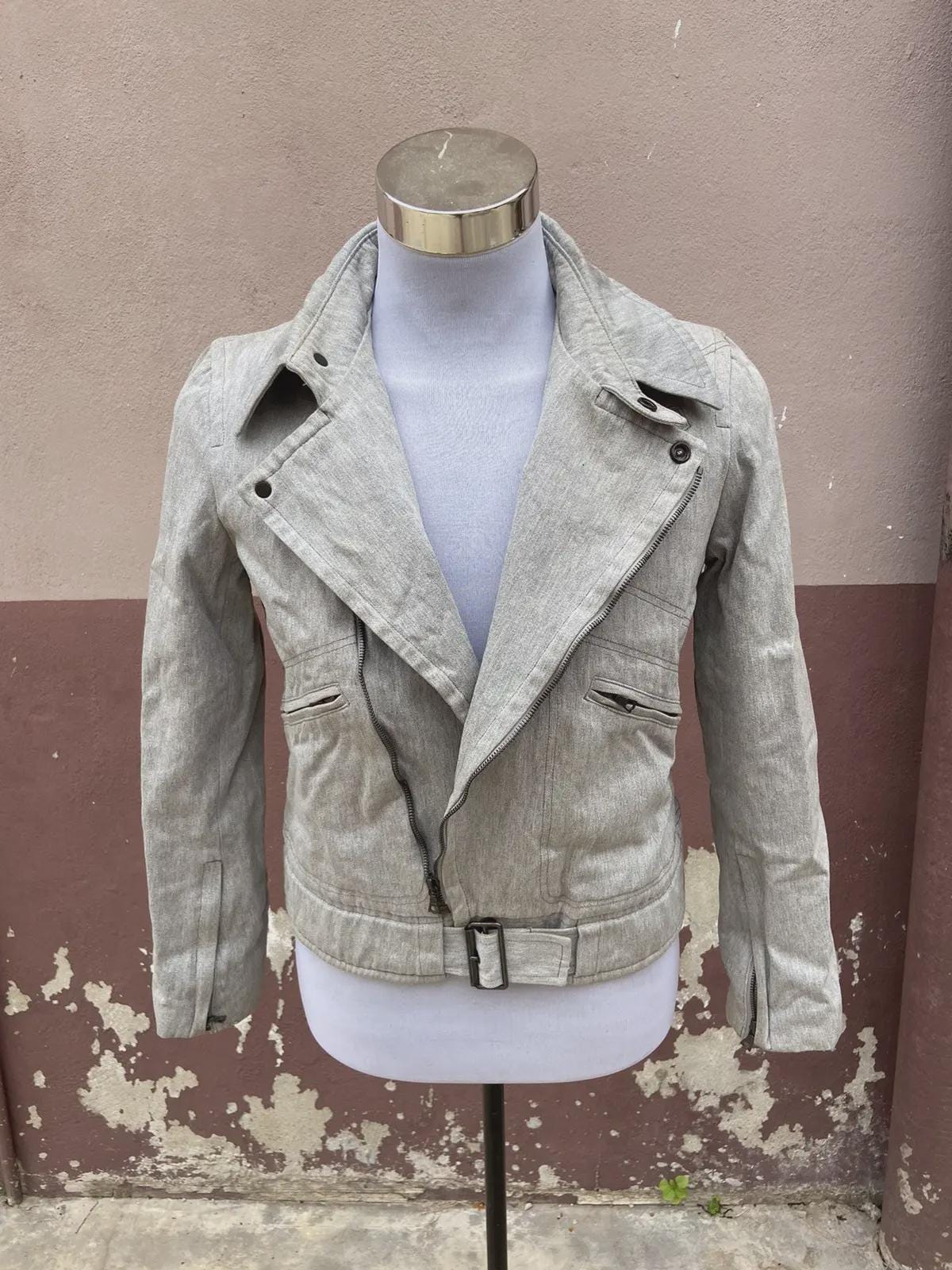 A.P.C., Vintage APC Light Grey Cotton Biker Jacket Asymmetric Zip Belted Motorcycle Outerwear