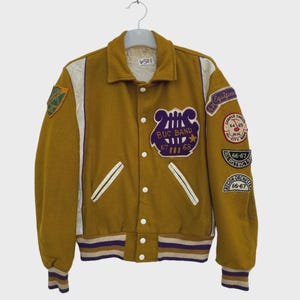 Vintage Buc Band Letterman-jas uit de jaren 60 / 1967 1968 Patches Wollen Varsity-jas / Mosterdgeel Gouden Bomberjack