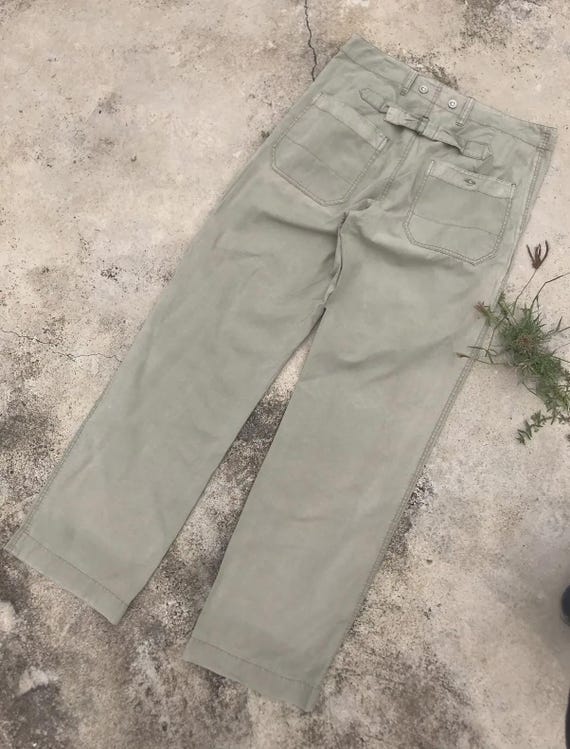 Margaret Howell, Vintage Margaret Howell Buckle Back Trousers - Olive Green Cinch Back Utility Pants, Cotton Workwear Chinos - 32 inches