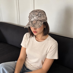 Snakeskin Hat: Khaki Snake Print Cap with Short Curved Brim, Adjustable Unisex Size