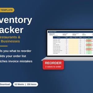 May include: An Excel template inventory tracker for restaurants and small businesses displayed on a laptop screen. The interface shows a table with columns for item name, quantities, and reorder status. A red box highlights REORDER 2 cases to order.