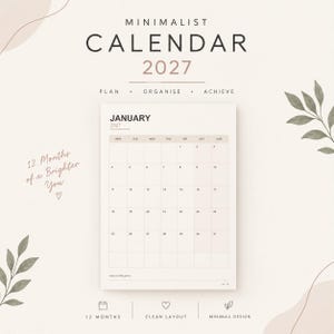 Minimalistisk kalender 2027 | Ren, neutral design (digital PDF)