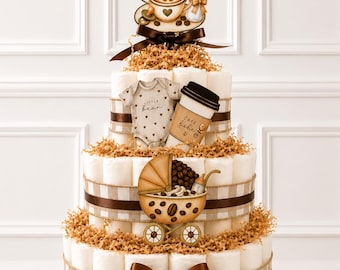 Diaper Cake | A Baby Is Brewing Diaper Cake | Coffee Diaper Cake,  Baby Shower Centerpiece | Coffee Baby Shower Decor | Neutral Diaper Cake