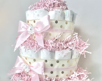 Diaper Cake, Girl Diaper Cake, Pink and Gold Diaper Cake, Princess Diaper Cake, Elegant Diaper Cake, Baby Shower Diaper Cake, Centerpiece