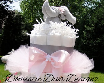 Diaper Cake, Elephant Diaper Cake, Elephant Baby Shower, Safari Diaper Cake, Baby Girl Diaper Cake, Baby Shower, Diaper Cake Centerpiece