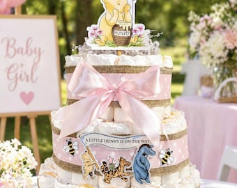 Diaper Cake, Classic Winnie the Pooh Diaper Cake, Girl Winnie the Pooh Baby Shower, Winnie the Pooh Baby Shower, Baby Shower Centerpiece