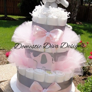 Diaper Cake, Elephant Diaper Cake, Elephant Baby Shower, Safari Diaper Cake, Baby Girl Diaper Cake, Baby Shower, Diaper Cake Centerpiece afbeelding 5