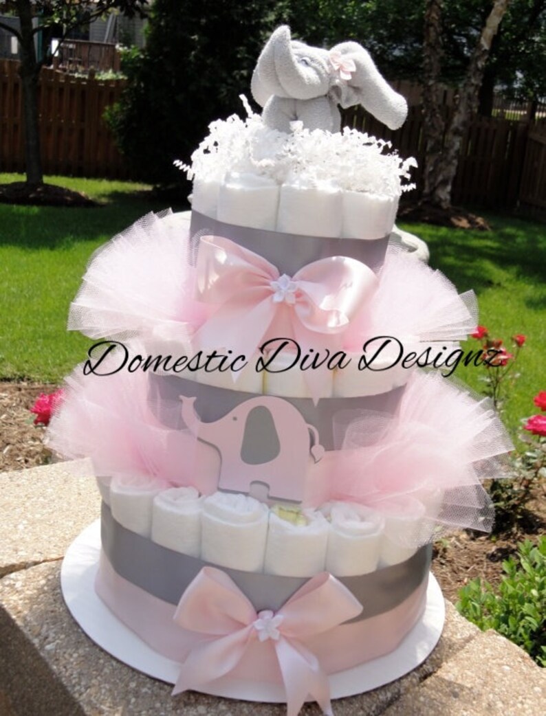 Diaper Cake, Elephant Diaper Cake, Elephant Baby Shower, Safari Diaper Cake, Baby Girl Diaper Cake, Baby Shower, Diaper Cake Centerpiece afbeelding 5