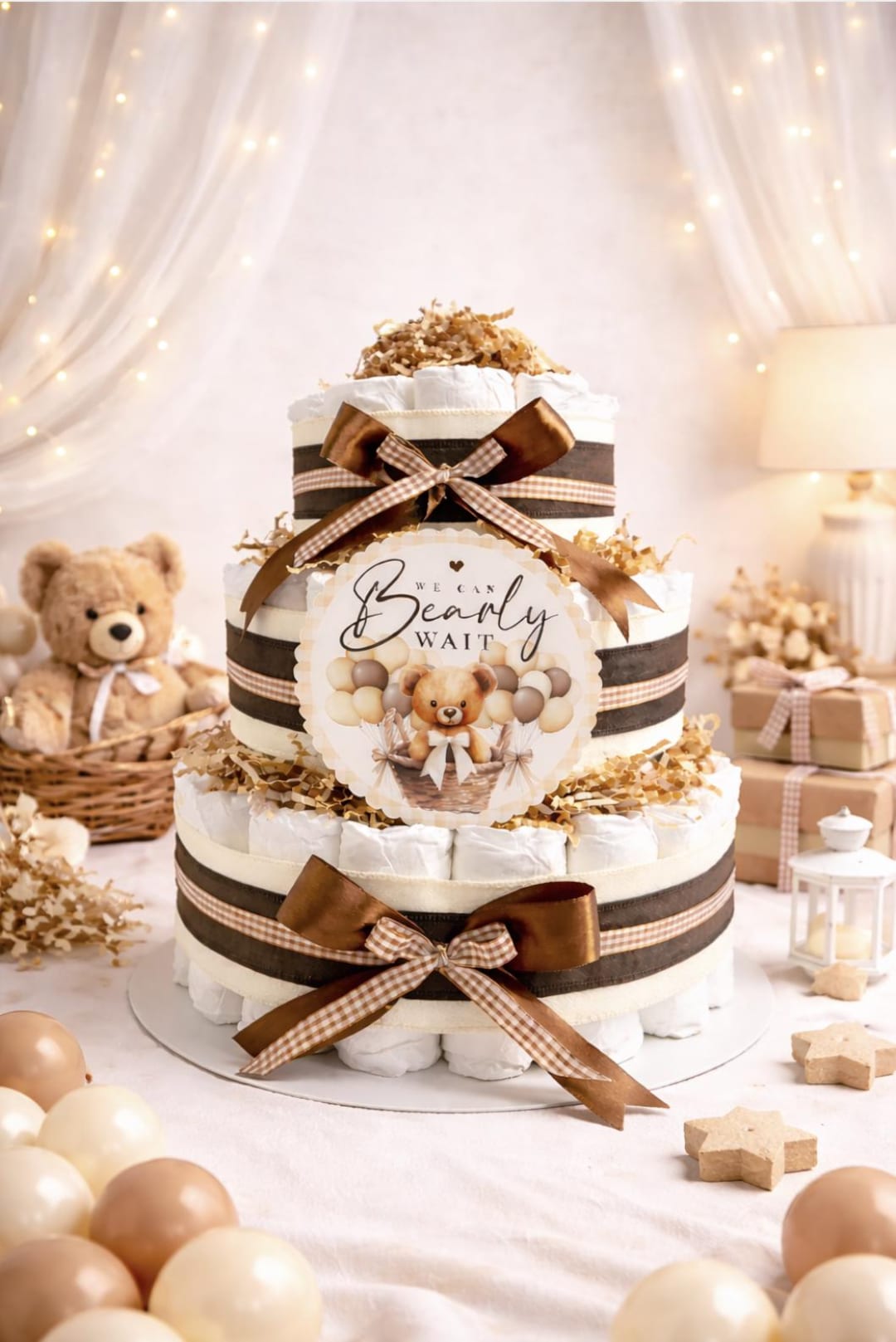 Diaper Cake, We Can Bearly Wait Diaper Cake, Neutral Teddy Bear Baby ...