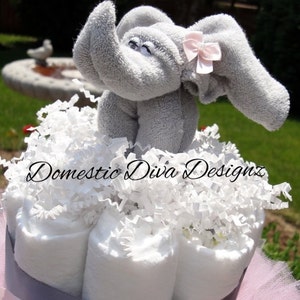 Diaper Cake, Elephant Diaper Cake, Elephant Baby Shower, Safari Diaper Cake, Baby Girl Diaper Cake, Baby Shower, Diaper Cake Centerpiece afbeelding 3