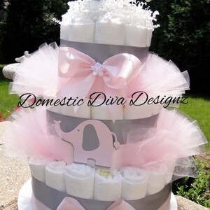 Diaper Cake, Elephant Diaper Cake, Elephant Baby Shower, Safari Diaper Cake, Baby Girl Diaper Cake, Baby Shower, Diaper Cake Centerpiece afbeelding 2